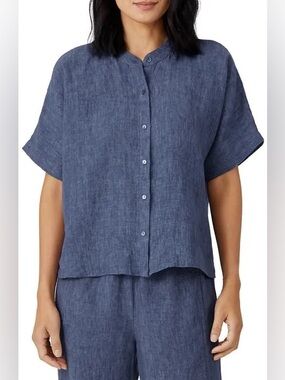 Eileen Fisher Organic Linen Mandarin Collar Button Down Shirt Boxy Blue Small